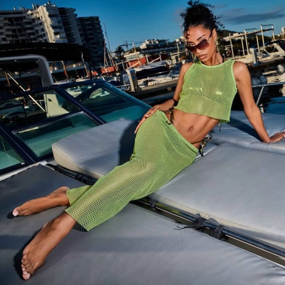 Lime Green Mesh Crotchet Crop Top & Skirt Set Festival Outfit Vacation Set Sz S
